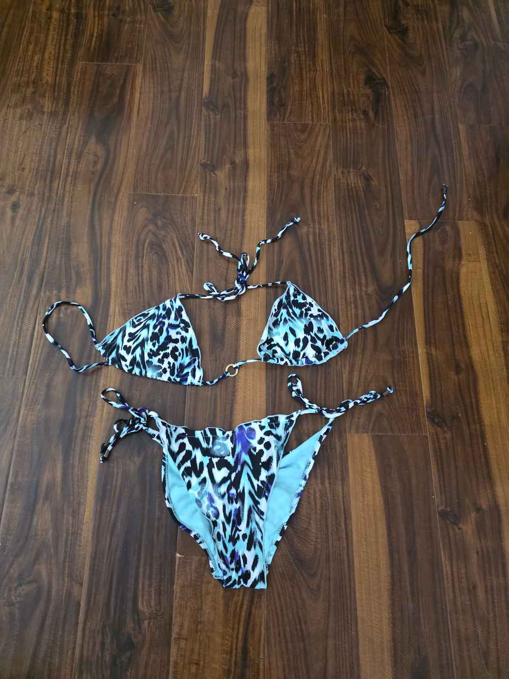 Blue Animal Print Tie Bikini Set L Bottom M Top